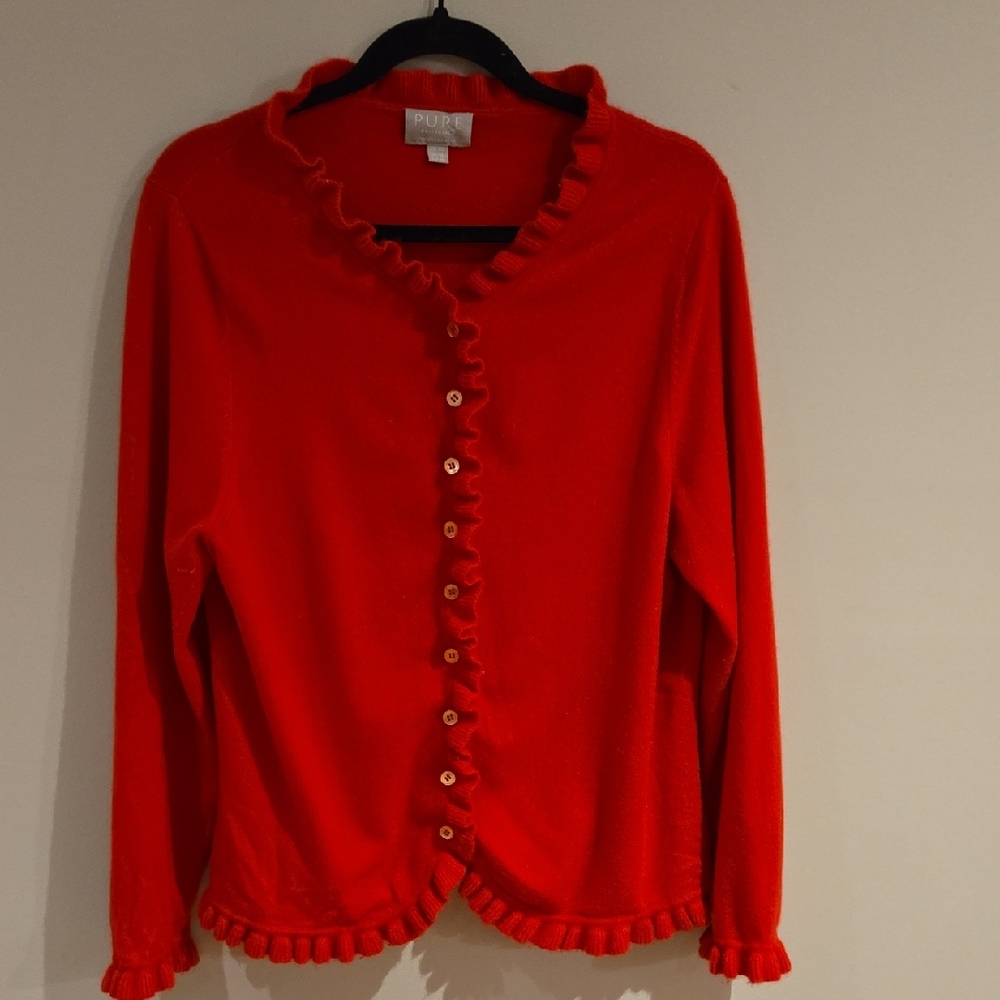 Pure Collection 100% cashmere 
Red Ruffle Cardigan. Nice and oversized!